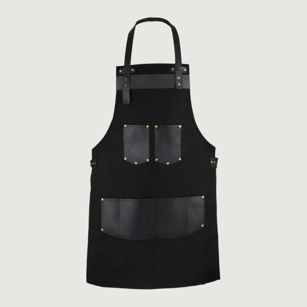 The Nottinghamshire Black Canvas Apron With Black Top Grain Leather Pocket